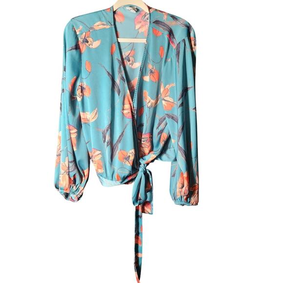 A New Day Sz L Green Peach Floral True Wrap Top Satin Look Baloon Sleeves EUC - Picture 1 of 7
